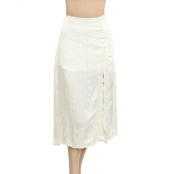 Anthropologie Floral Eyelet Embordered Midi Skirt Mid Waisted Cream L-P 280437 - Picture 1 of 5